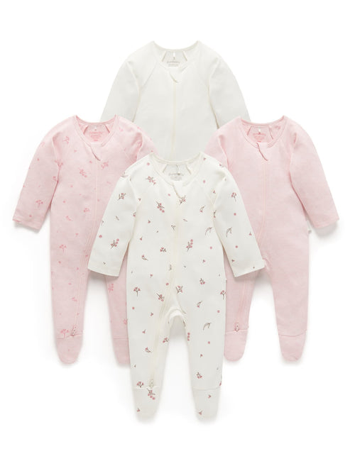 Purebaby - 4 Pack Zip Growsuit | Vanilla Blossom