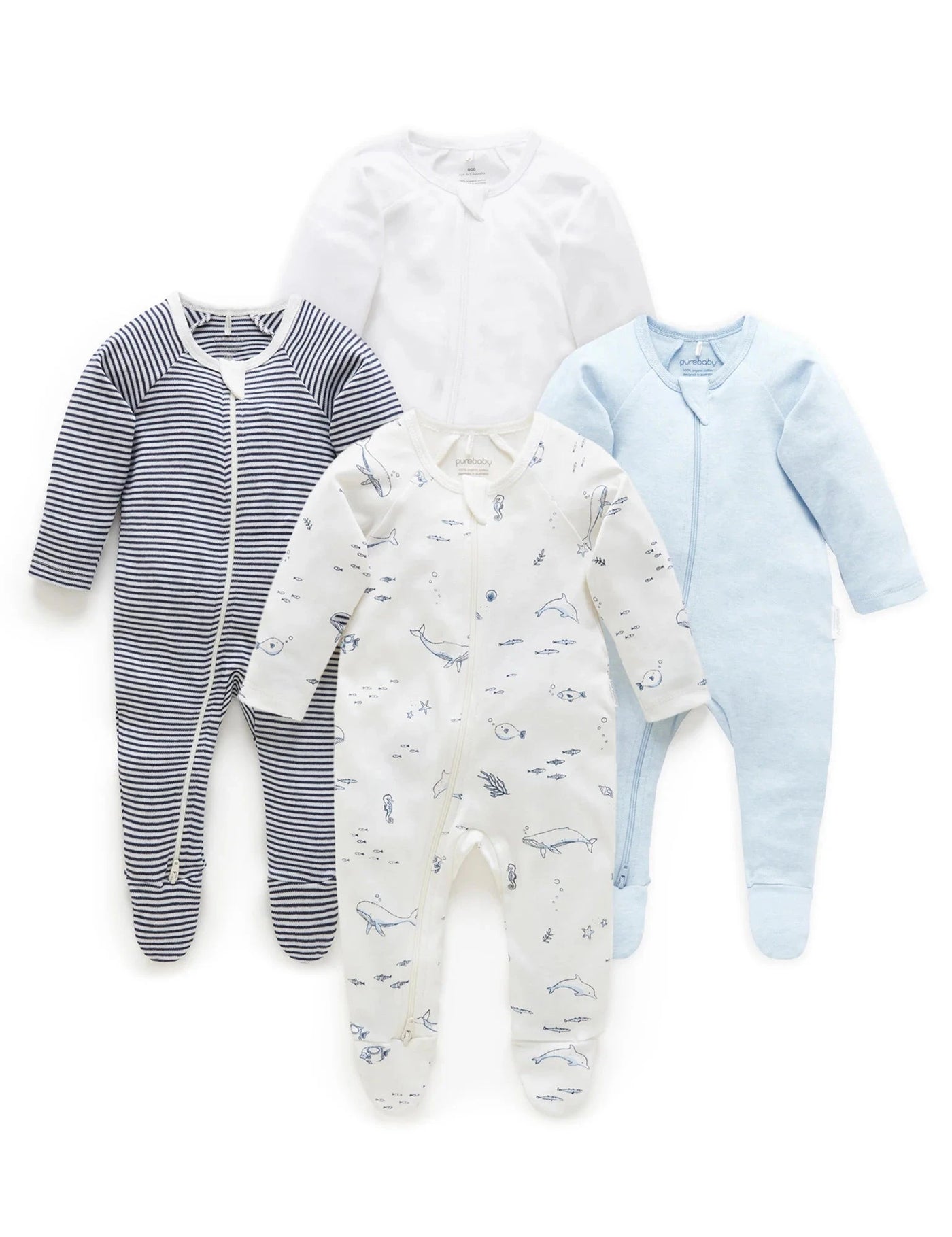 Purebaby - 4 Pack Zip Growsuit - Vanilla Nautical Growsuit Purebaby 