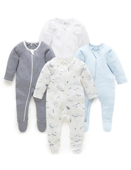 Purebaby - 4 Pack Zip Growsuit | Vanilla Nautical