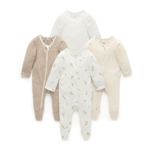 Purebaby - 4 Pack Zip Growsuit | Vanilla Wattle Bee