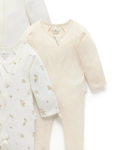 Purebaby - 4 Pack Zip Growsuit - Vanilla Wattle Bee Growsuit Purebaby 