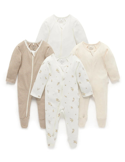 Purebaby - 4 Pack Zip Growsuit - Vanilla Wattle Bee Growsuit Purebaby 