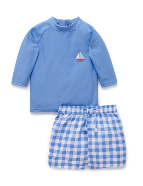 Purebaby - Board Short & Rashie Set | Blue Jay Gingham