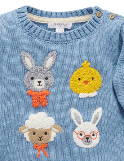 Purebaby - Bunny Friends Jumper | Bluestone Melange Knitted Jumper Purebaby 