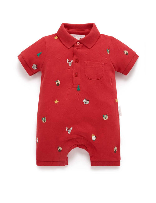 Purebaby - Christmas Polo Growsuit | Christmas Broderie