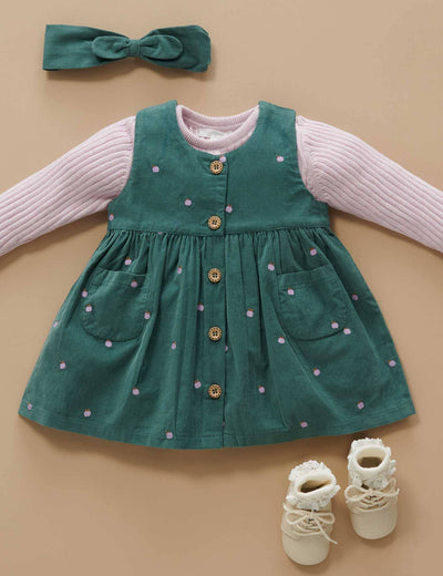 Purebaby - Embroidered Corduroy Pinnie | Green Sleeveless Dress Purebaby 