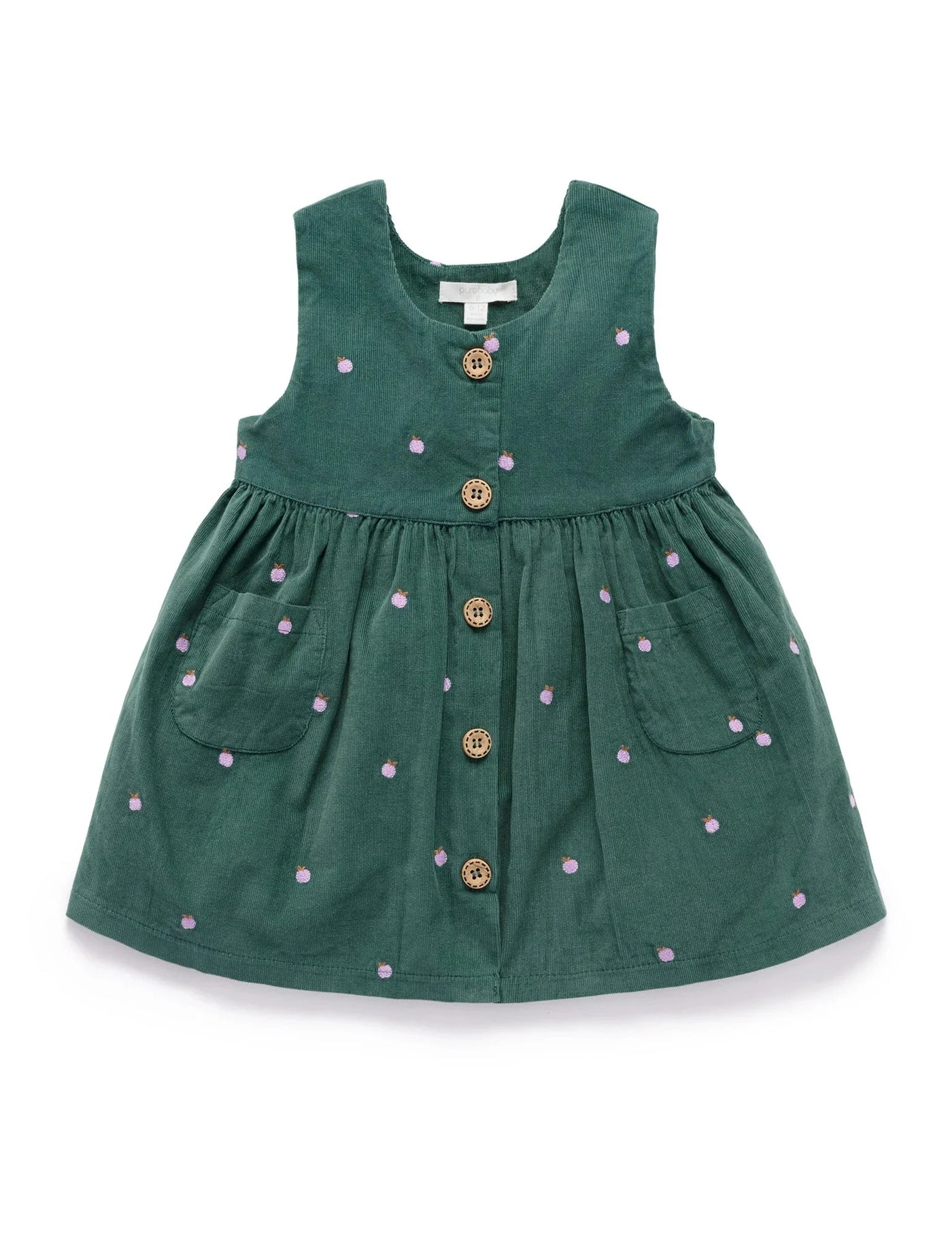 Purebaby - Embroidered Corduroy Pinnie | Green Sleeveless Dress Purebaby 