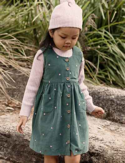 Purebaby - Embroidered Corduroy Pinnie | Green Sleeveless Dress Purebaby 