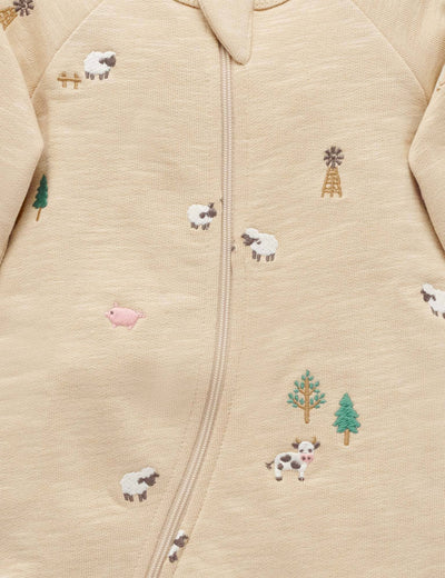 Purebaby - Embroidered Fleece Growsuit | Farm Friends Broderie Growsuit Purebaby 