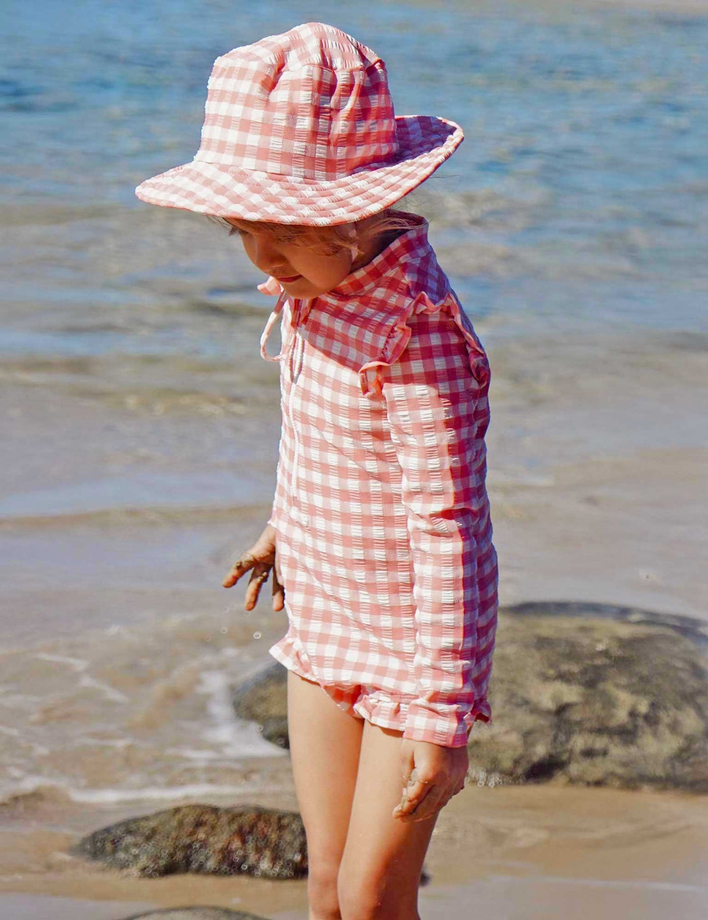 Purebaby - Frilly Long Sleeve Swimsuit | Pomegranate Gingham One-Piece Swimsuit Purebaby 