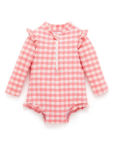 Purebaby - Frilly Long Sleeve Swimsuit | Pomegranate Gingham