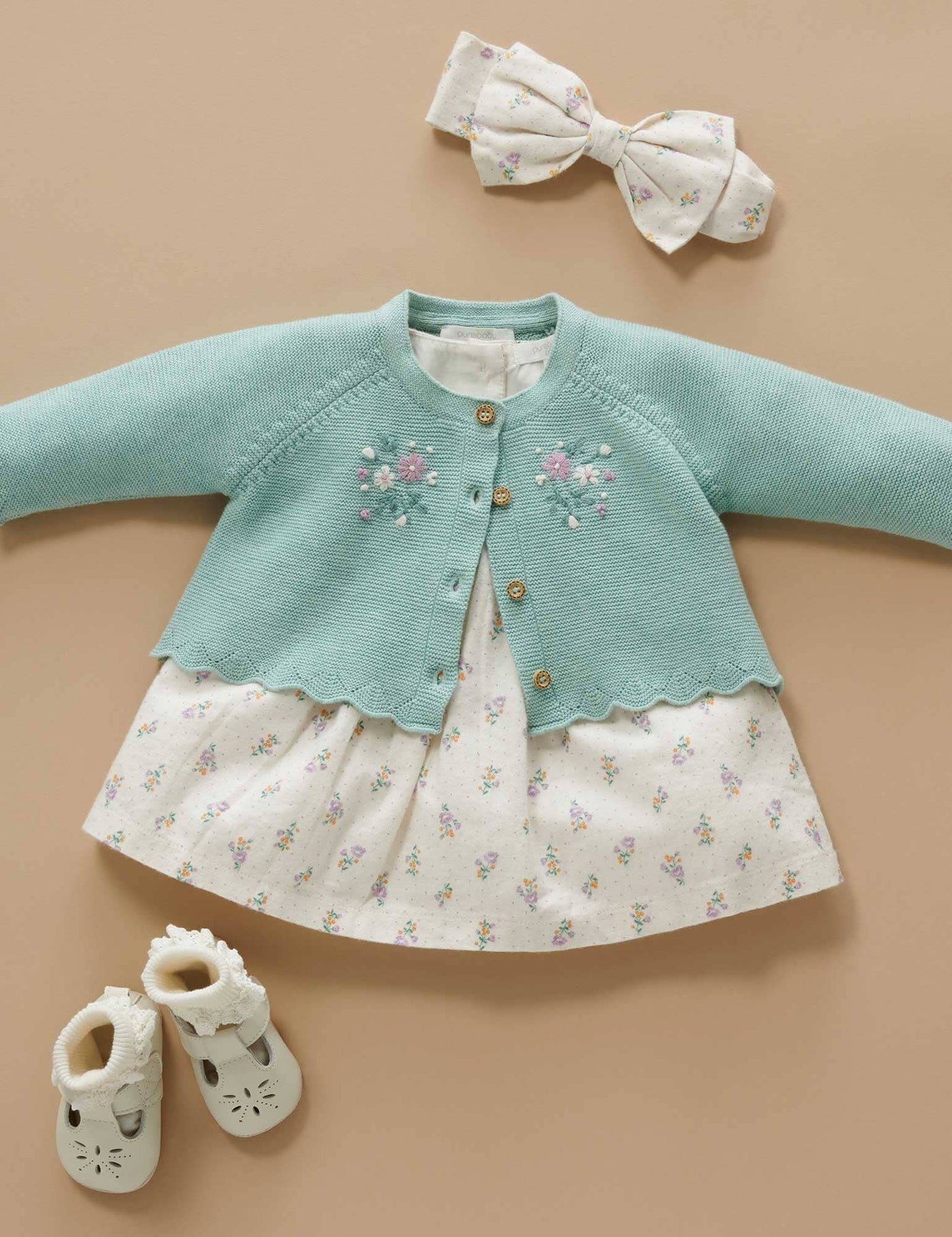 Purebaby - Hand Embroidered Cardigan | Sage Melange Cardigan Purebaby 