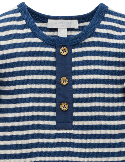 Purebaby - Henley Waffle Top | Blueberry Stripe Long Sleeve Top Purebaby 