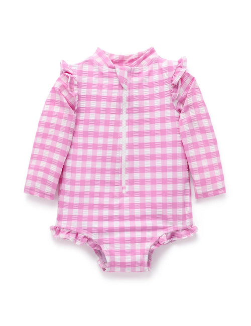 Purebaby - Printed Frilly Long Sleeve Swimsuit | Grape Gingham