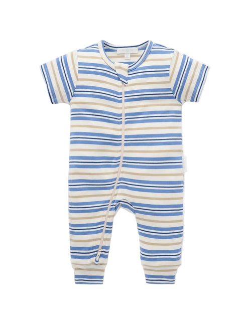 Purebaby - Rib Short Sleeve Growsuit | Blue Jay Beech Stripe