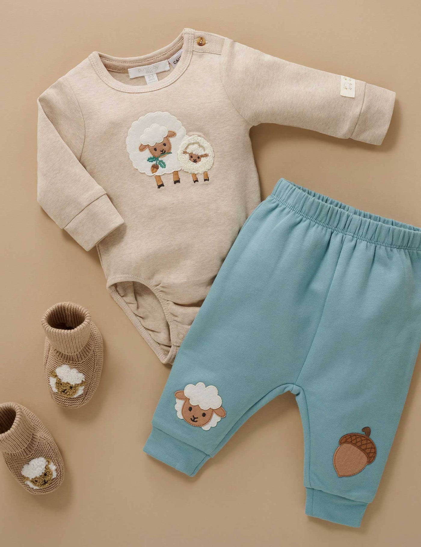 Purebaby - Sheep Applique Bodysuit | Almond Melange Bodysuit Purebaby 