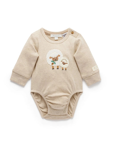 Purebaby - Sheep Applique Bodysuit | Almond Melange Bodysuit Purebaby 