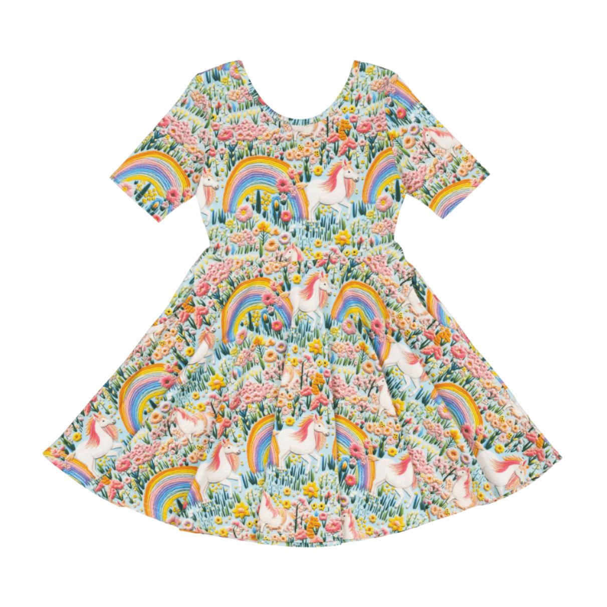 Rock Your Baby - Embroidered Unicorns Mabel Waisted Dress Short Sleeve Dress Rock Your Baby 