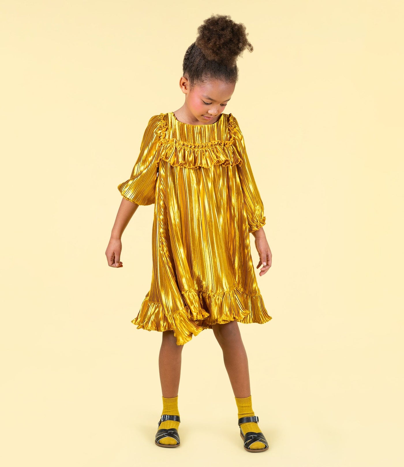 Rock Your Baby - Gold Pleated Metallic Dress Short Sleeve Dress Rock Your Baby 