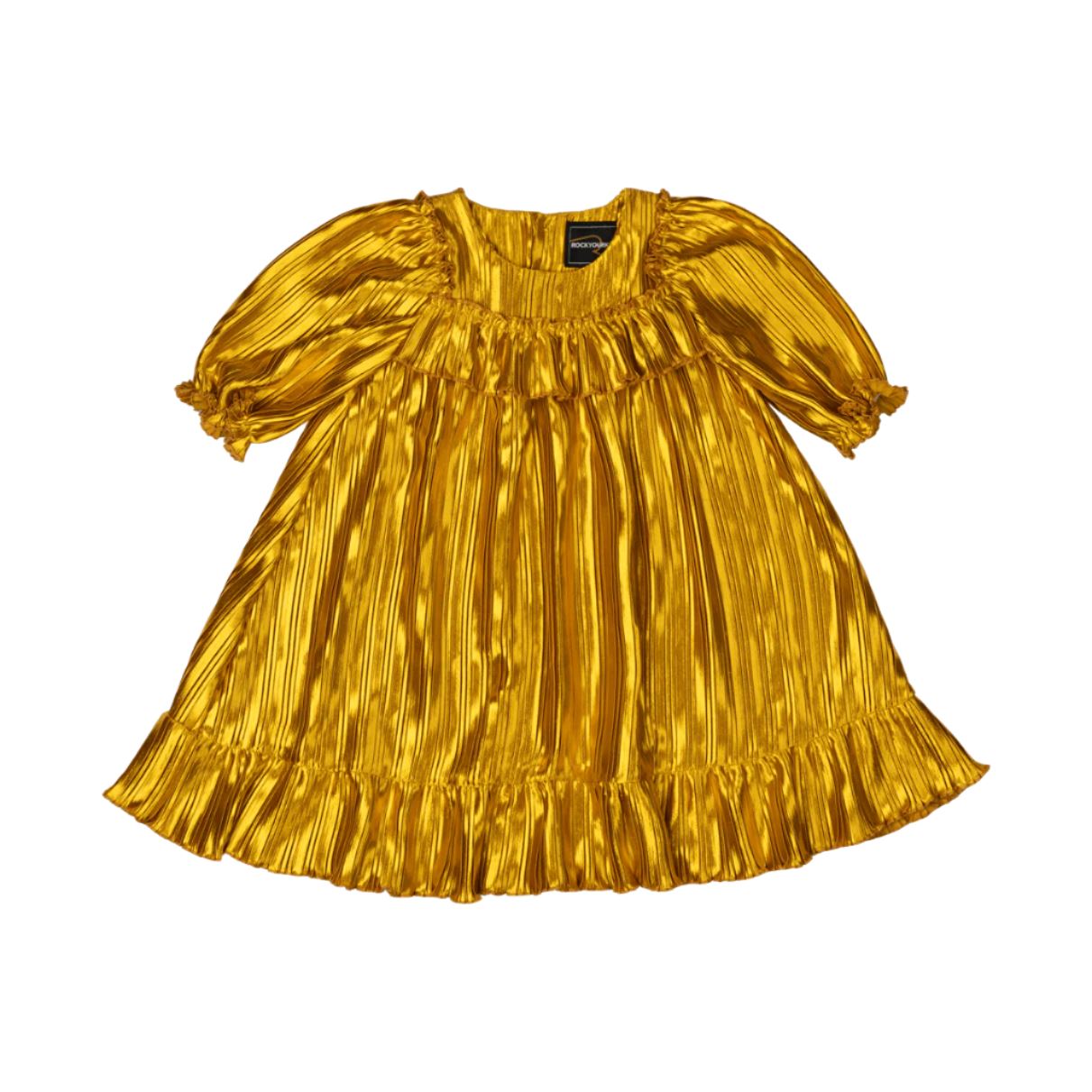 Rock Your Baby - Gold Pleated Metallic Dress Short Sleeve Dress Rock Your Baby 