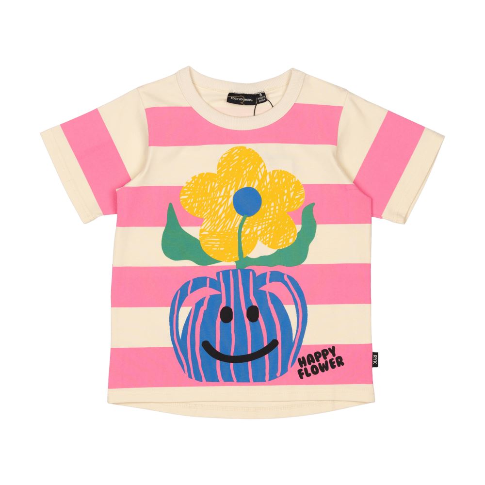 Rock Your Baby Happy Flower T-Shirt - Pink/Cream Stripe Short Sleeve T-Shirt Rock Your Baby 