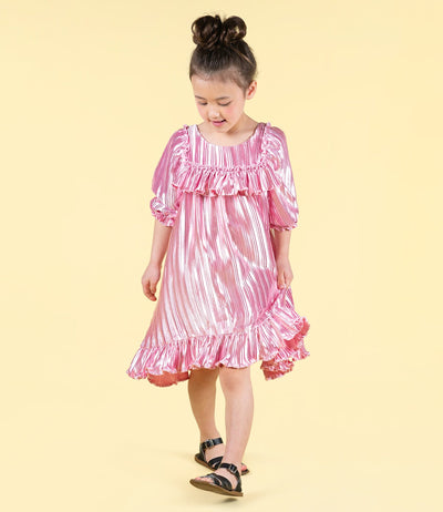 Rock Your Baby - Pink Pleated Metallic Dress Short Sleeve Dress Rock Your Baby 