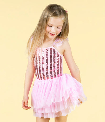 Rock Your Baby - Pink Stripe Sequin Tulle Leotard Dress Leotard Rock Your Baby 