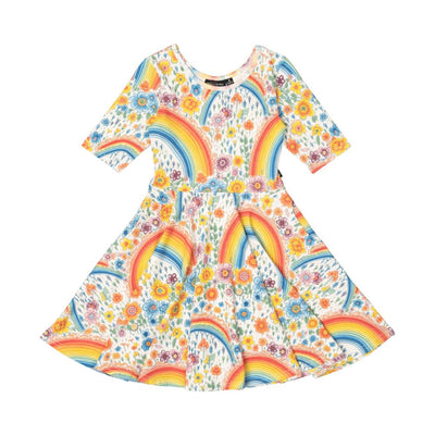 Rock Your Baby Rainbows And Flowers Mabel Waisted Dress Short Sleeve Dress Rock Your Baby 