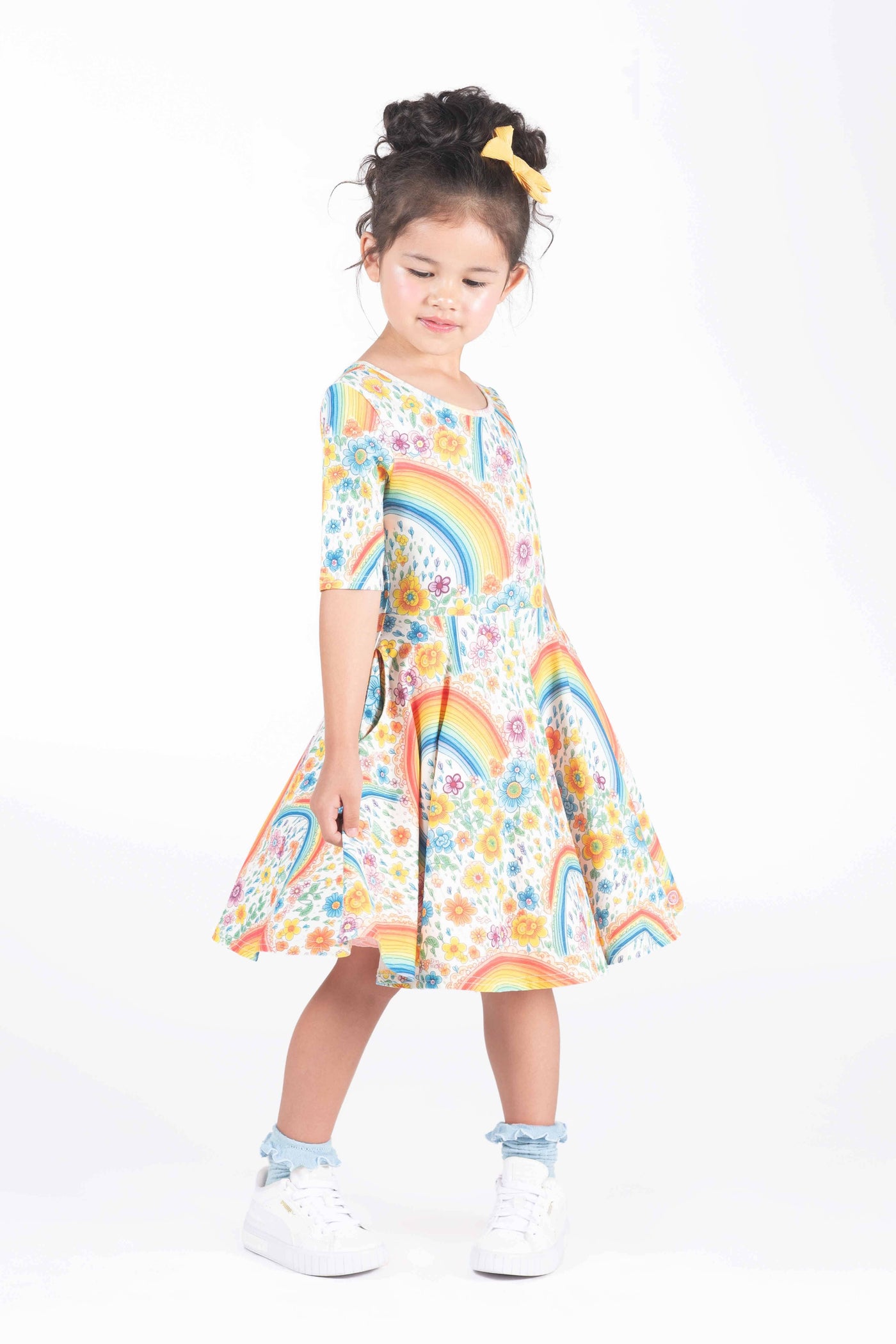 Rock Your Baby Rainbows And Flowers Mabel Waisted Dress Short Sleeve Dress Rock Your Baby 