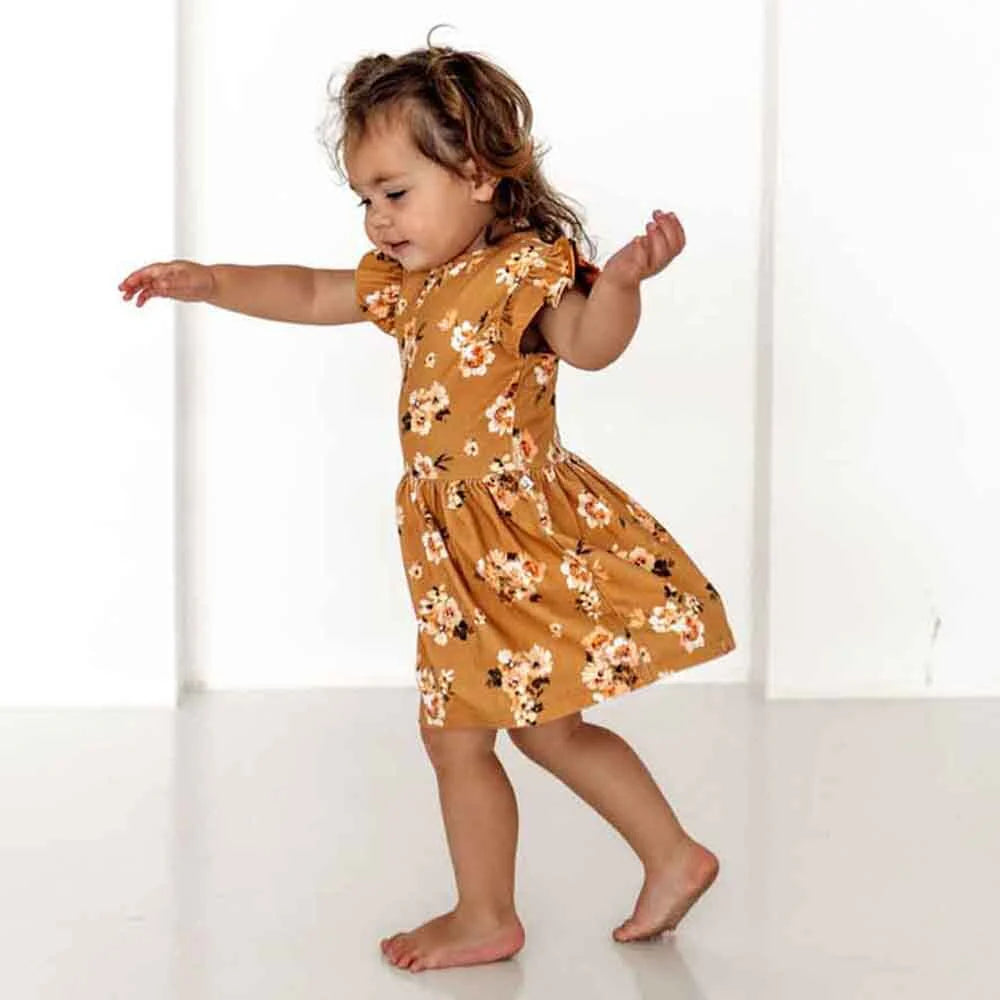 Snuggle Hunny - Organic Dress - Golden Flower Short Sleeve Dress Snuggle Hunny 