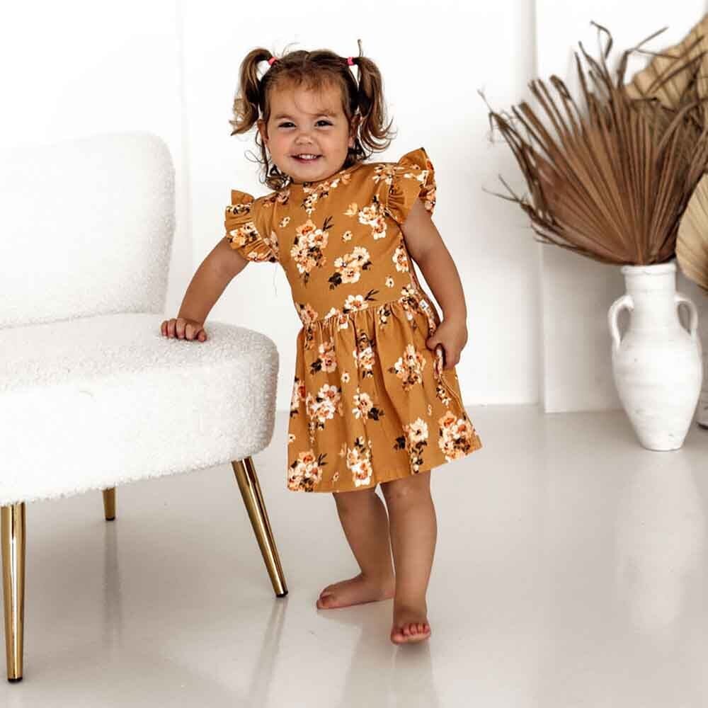 Snuggle Hunny - Organic Dress - Golden Flower Short Sleeve Dress Snuggle Hunny 