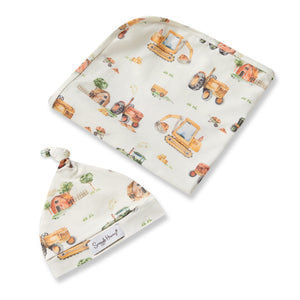 Snuggle Hunny - Organic Jersey Wrap & Beanie Set - Diggers & Tractors