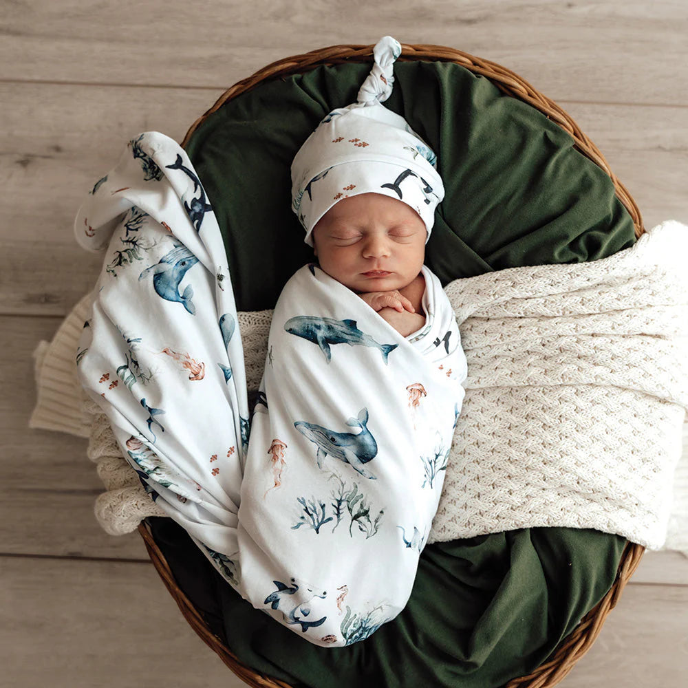 Snuggle Hunny - Organic Jersey Wrap & Beanie Set - Ocean Jersey Wrap Snuggle Hunny 