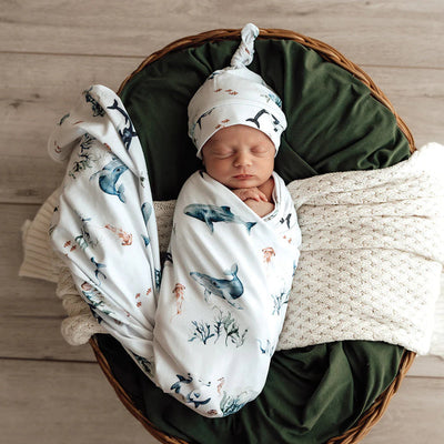 Snuggle Hunny - Organic Jersey Wrap & Beanie Set - Ocean Jersey Wrap Snuggle Hunny 