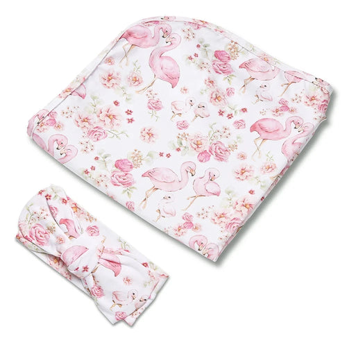 Snuggle Hunny - Organic Jersey Wrap & Topknot Set | Flamingos