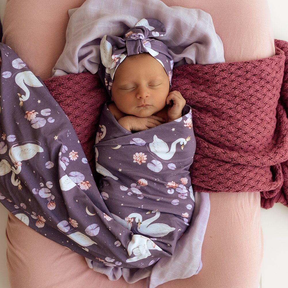 Snuggle Hunny - Organic Jersey Wrap & Topknot Set | Midnight Swan Jersey Wrap Snuggle Hunny 