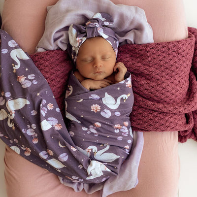 Snuggle Hunny - Organic Jersey Wrap & Topknot Set | Midnight Swan Jersey Wrap Snuggle Hunny 