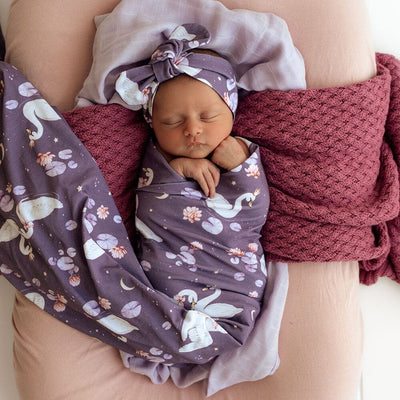 Snuggle Hunny - Organic Jersey Wrap & Topknot Set | Midnight Swan Jersey Wrap Snuggle Hunny 