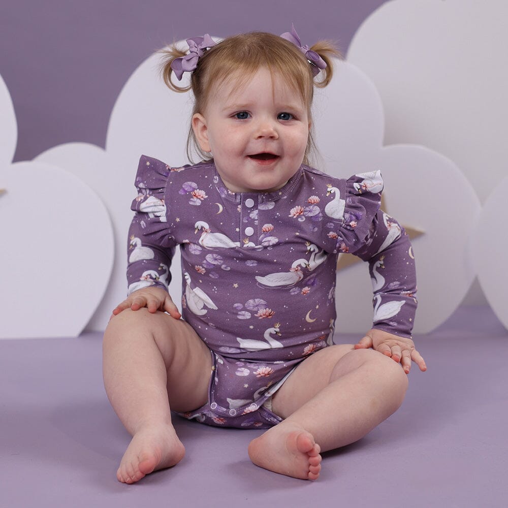 Snuggle Hunny - Organic Long Sleeve Bodysuit with Frill | Midnight Swan Bodysuit Snuggle Hunny 
