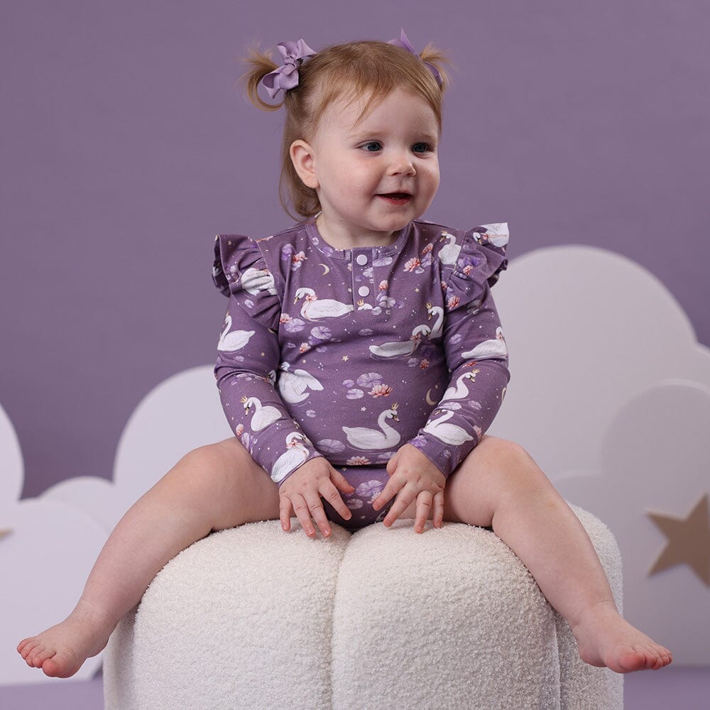 Snuggle Hunny - Organic Long Sleeve Bodysuit with Frill | Midnight Swan Bodysuit Snuggle Hunny 