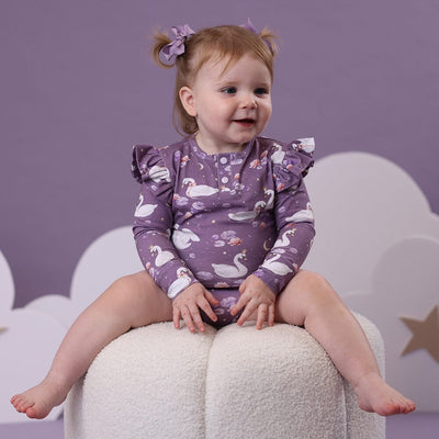 Snuggle Hunny - Organic Long Sleeve Bodysuit with Frill | Midnight Swan Bodysuit Snuggle Hunny 