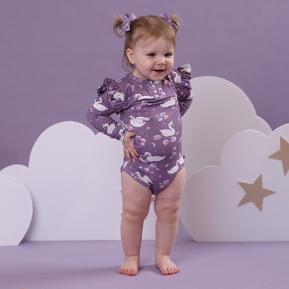Snuggle Hunny - Organic Long Sleeve Bodysuit with Frill | Midnight Swan Bodysuit Snuggle Hunny 