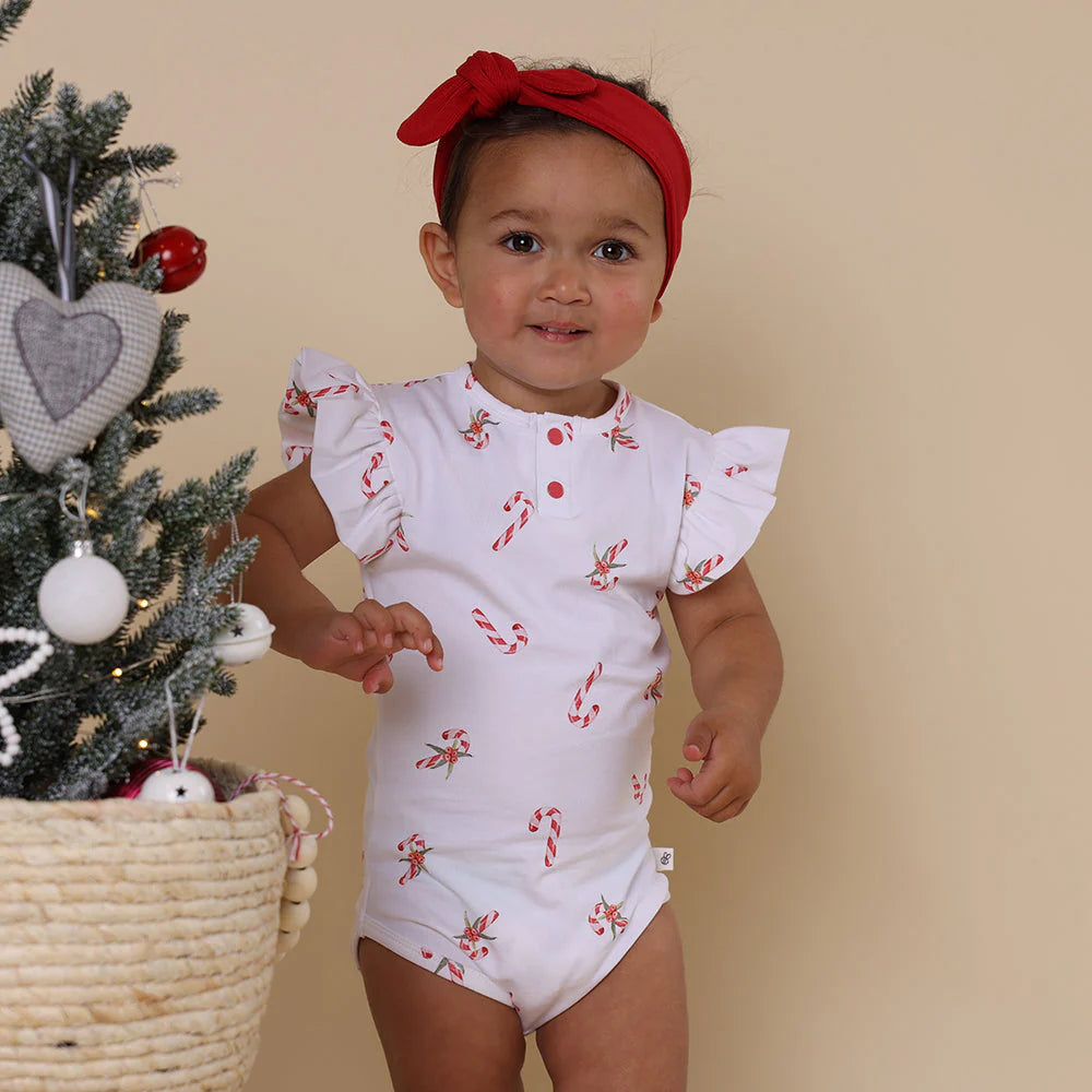 Snuggle Hunny - Organic Short Sleeve Bodysuit with Frill Candy Cane Bodysuit Snuggle Hunny 