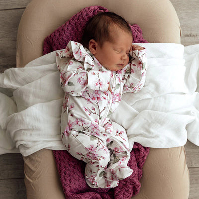 Snuggle Hunny - Organic Snuggle Sleepsuit Zip Footie with Frill - Cherry Blossom Zipsuit Snuggle Hunny 