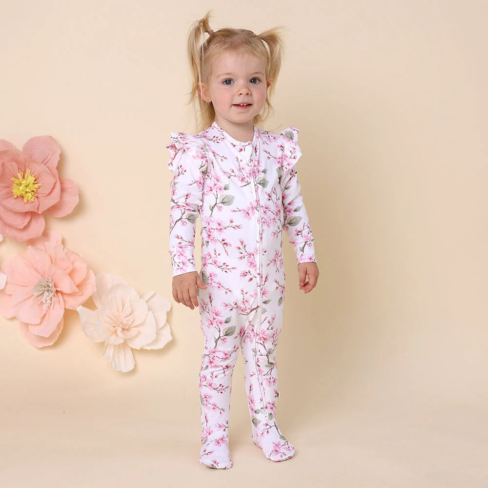 Snuggle Hunny - Organic Snuggle Sleepsuit Zip Footie with Frill - Cherry Blossom Zipsuit Snuggle Hunny 