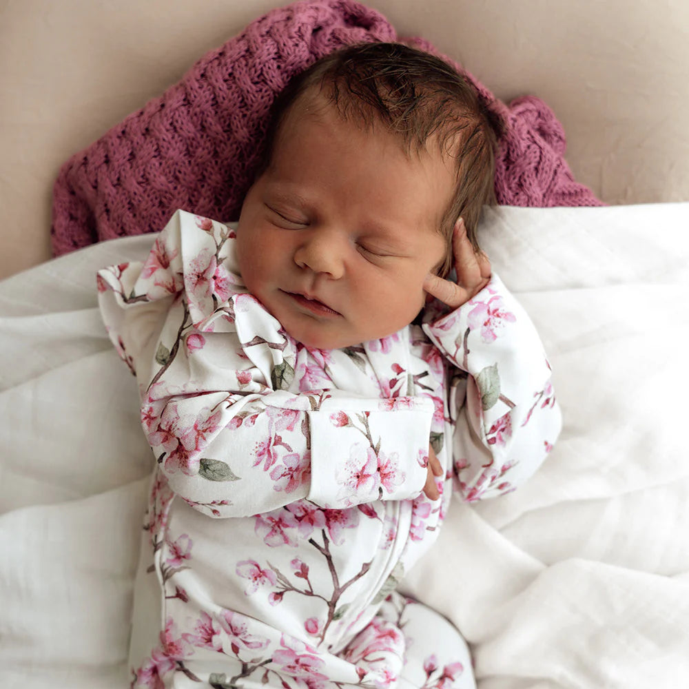 Snuggle Hunny - Organic Snuggle Sleepsuit Zip Footie with Frill - Cherry Blossom Zipsuit Snuggle Hunny 