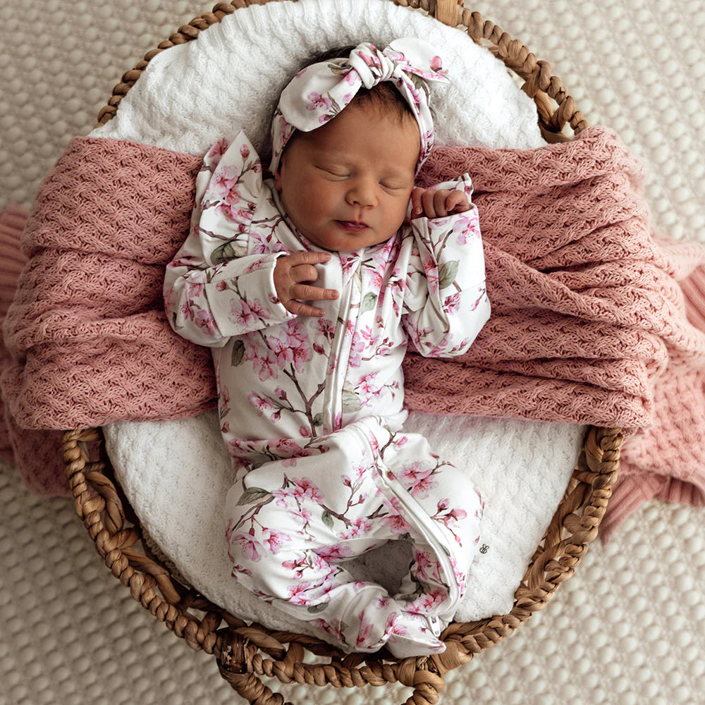 Snuggle Hunny - Organic Snuggle Sleepsuit Zip Footie with Frill - Cherry Blossom Zipsuit Snuggle Hunny 