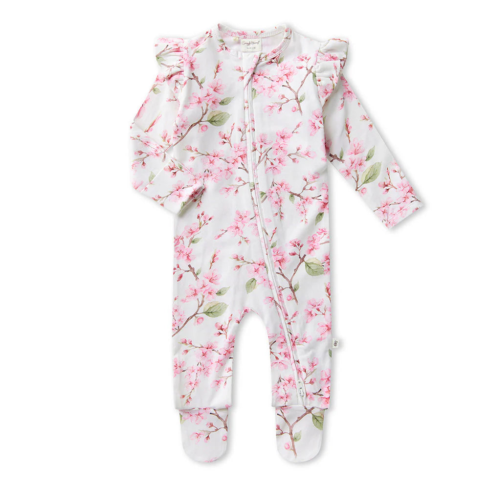 Snuggle Hunny - Organic Snuggle Sleepsuit Zip Footie with Frill - Cherry Blossom Zipsuit Snuggle Hunny 