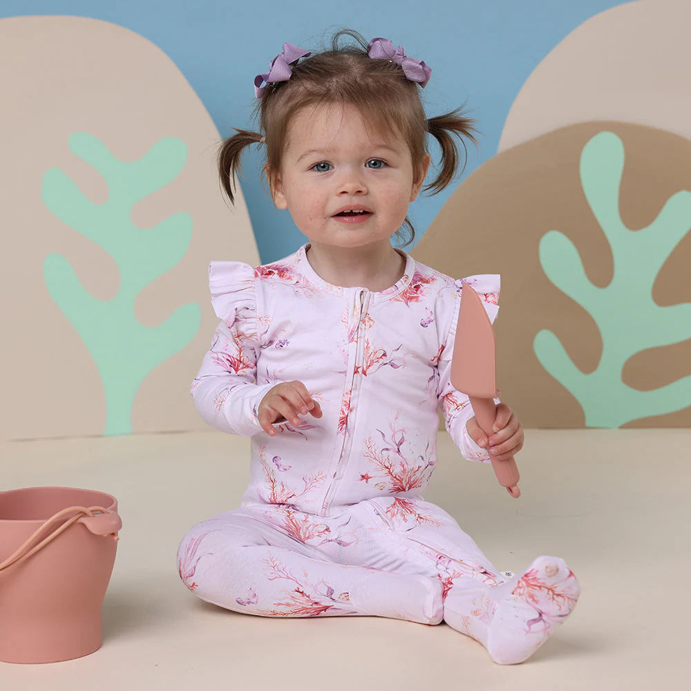 Snuggle Hunny - Organic Snuggle Sleepsuit Zip Footie with Frill - Coral Zipsuit Snuggle Hunny 