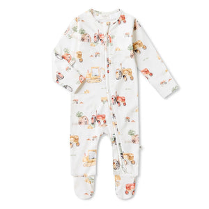 Snuggle Hunny - Organic Snuggle Sleepsuit Zip Footie - Diggers & Tractors